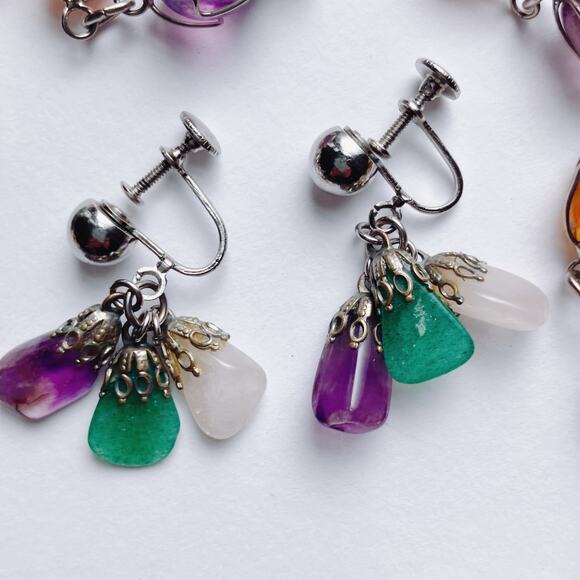 VTG Mid Century Gemstone Necklace Earring Set Screwback Multicolor Wire Wrapped - Picture 3 of 9